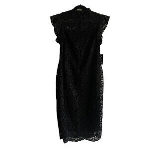 Alexa B Nites Wmn 8 Black Lacy Overlay Hi Neck Short Lace Sleeve Midi Dress NWT
